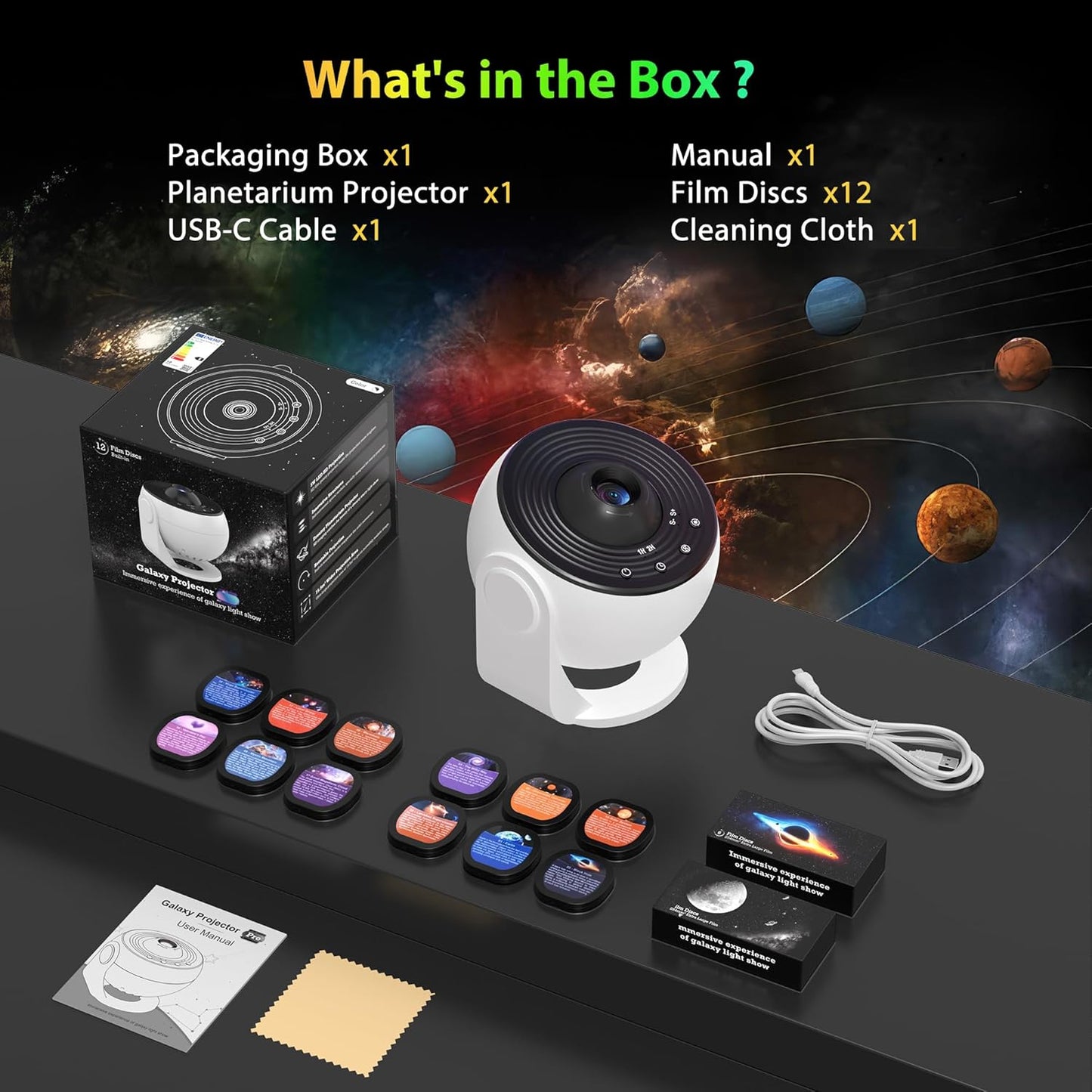 🌌 Galaxy Projector Pro 🌠 | 12-in-1 Star & Planetarium Light 🌍 | HD Film Discs 🎞 | 360° Rotation 🔄 | Adjustable Focus 🎯 | Auto Timer ⏰ | Easy 4-Button Control 🔘 | Perfect for Kids & Adults 🛏✨