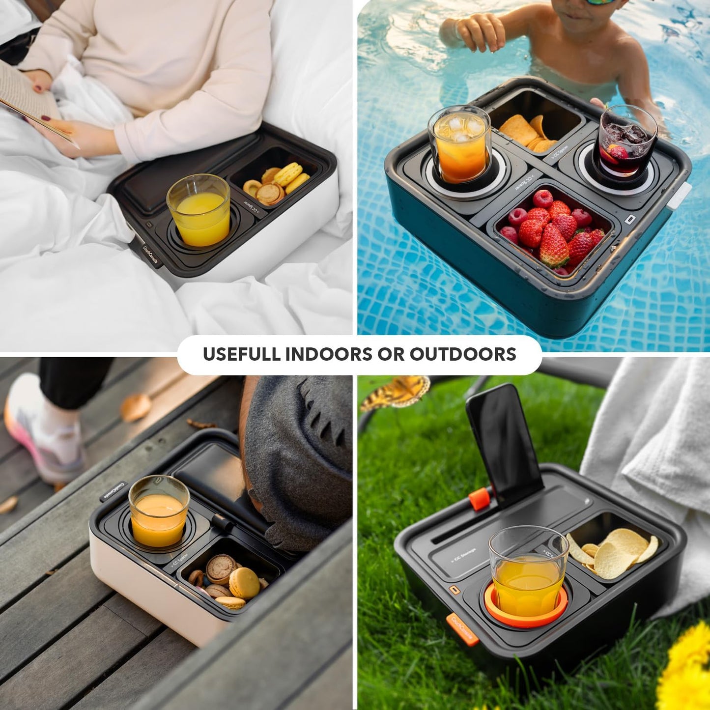 Original Tray - Drinks & Snacks Sofa Caddy with Armrest, Table with Phone Stand- TV Remote Control Storage and Organizer - for Living Rooms, RV, and Cars, Black/Black