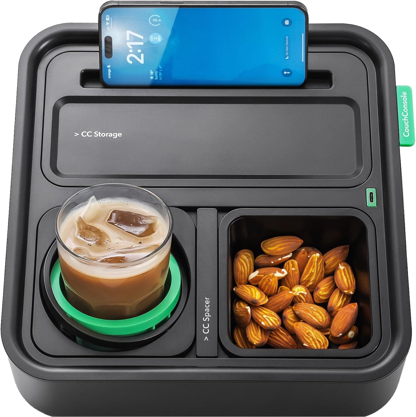 Original Tray - Drinks & Snacks Sofa Caddy with Armrest, Table with Phone Stand- TV Remote Control Storage and Organizer - for Living Rooms, RV, and Cars, Black/Black