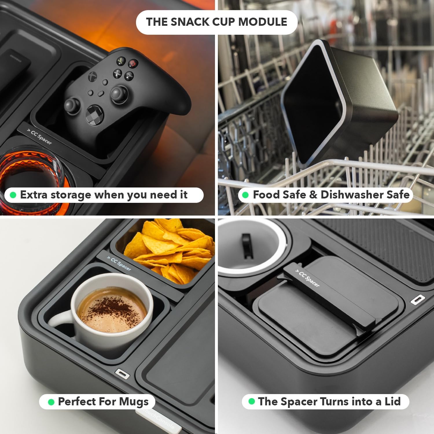 Original Tray - Drinks & Snacks Sofa Caddy with Armrest, Table with Phone Stand- TV Remote Control Storage and Organizer - for Living Rooms, RV, and Cars, Black/Black