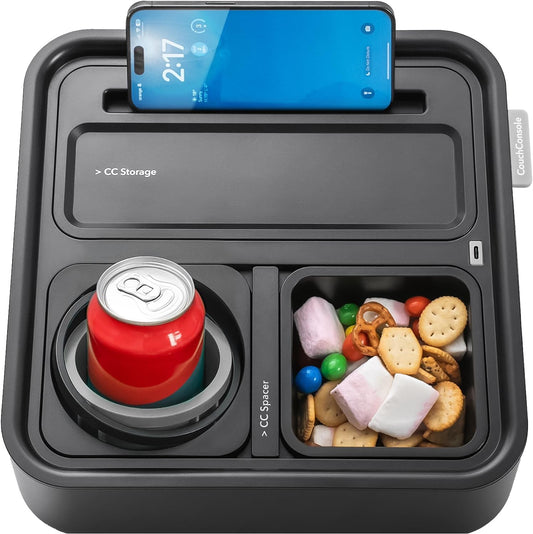 Original Tray - Drinks & Snacks Sofa Caddy with Armrest, Table with Phone Stand- TV Remote Control Storage and Organizer - for Living Rooms, RV, and Cars, Black/Black