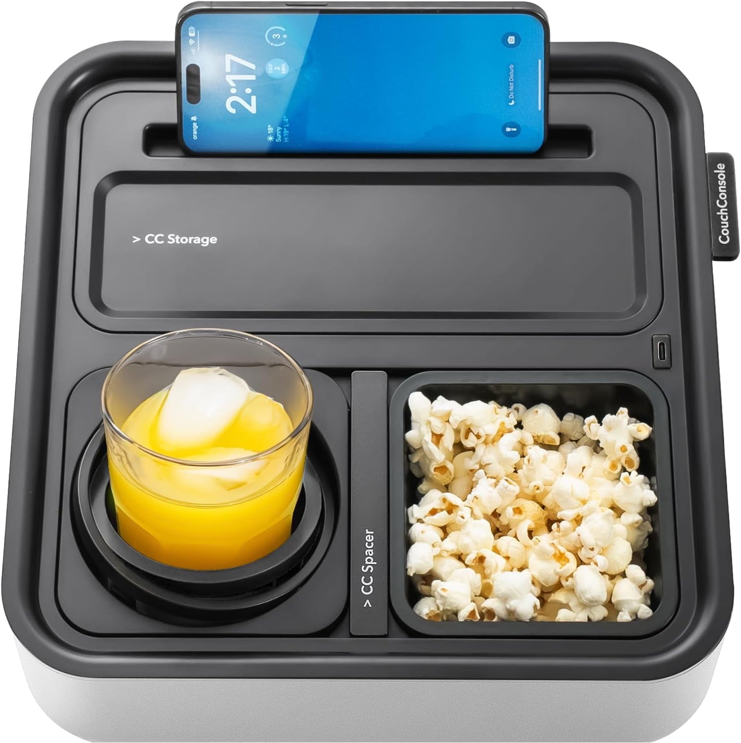 Original Tray - Drinks & Snacks Sofa Caddy with Armrest, Table with Phone Stand- TV Remote Control Storage and Organizer - for Living Rooms, RV, and Cars, Black/Black