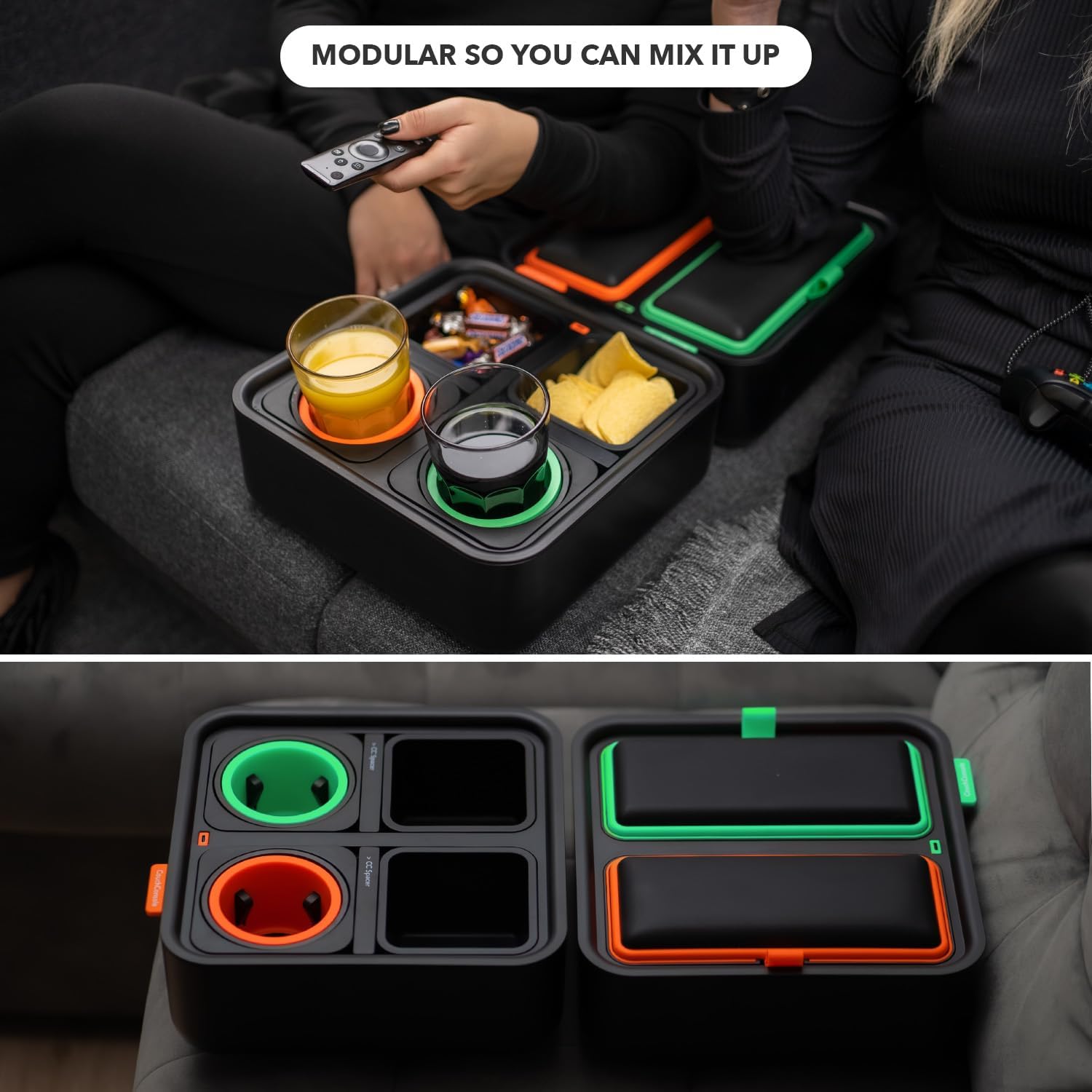 Original Tray - Drinks & Snacks Sofa Caddy with Armrest, Table with Phone Stand- TV Remote Control Storage and Organizer - for Living Rooms, RV, and Cars, Black/Black