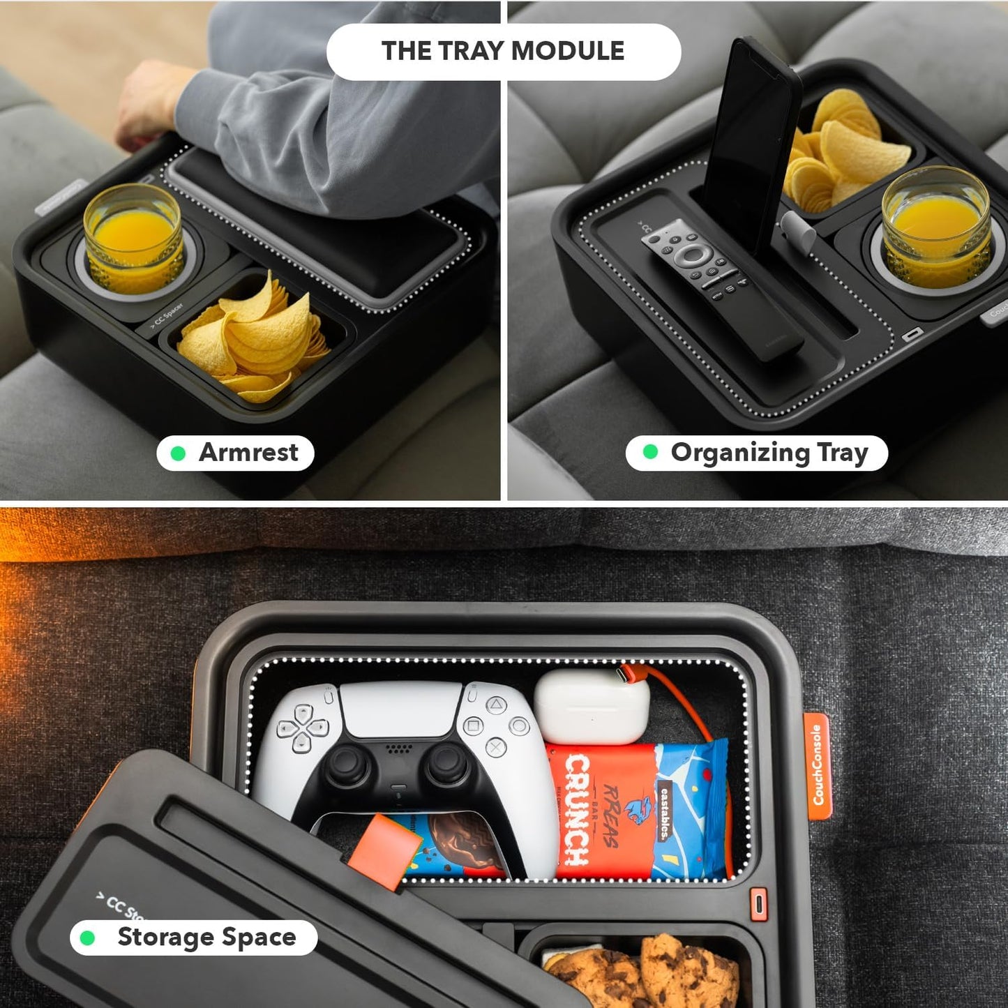 Original Tray - Drinks & Snacks Sofa Caddy with Armrest, Table with Phone Stand- TV Remote Control Storage and Organizer - for Living Rooms, RV, and Cars, Black/Black