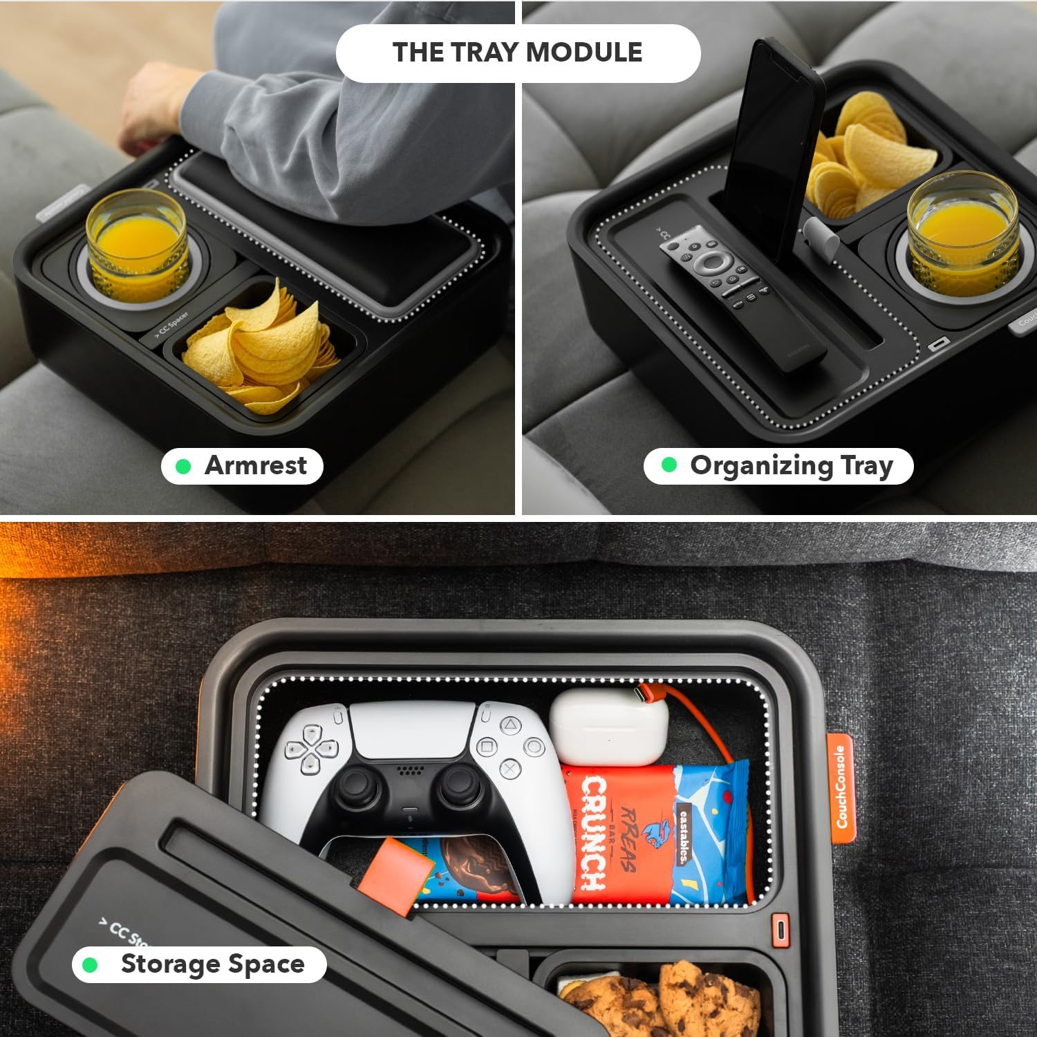 Original Tray - Drinks & Snacks Sofa Caddy with Armrest, Table with Phone Stand- TV Remote Control Storage and Organizer - for Living Rooms, RV, and Cars, Black/Black