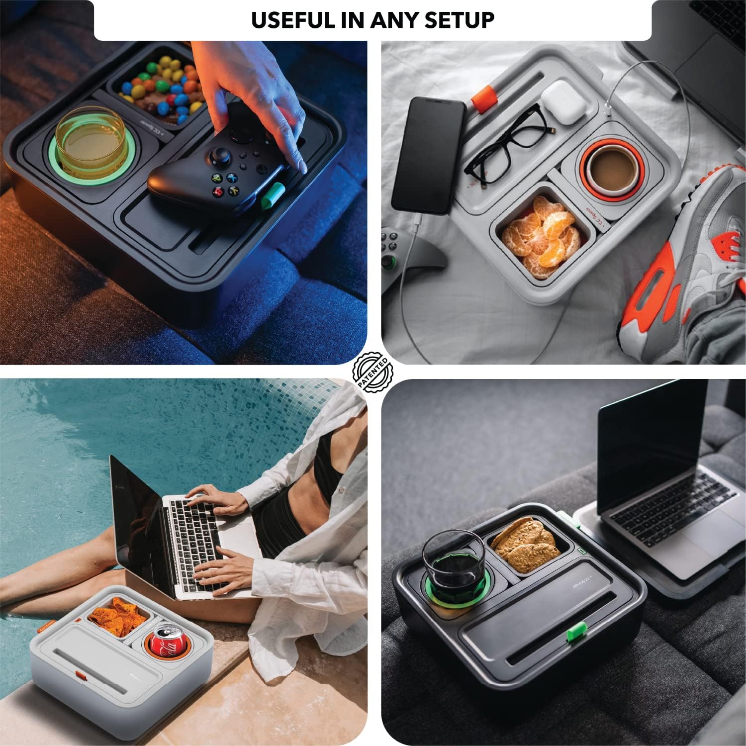 Original Tray - Drinks & Snacks Sofa Caddy with Armrest, Table with Phone Stand- TV Remote Control Storage and Organizer - for Living Rooms, RV, and Cars, Black/Black